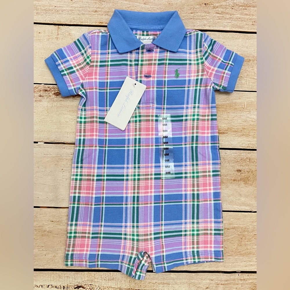Ralph Lauren Blue, Pink & Green Plaid Kids Shortall Size 9M NWT Nantucket